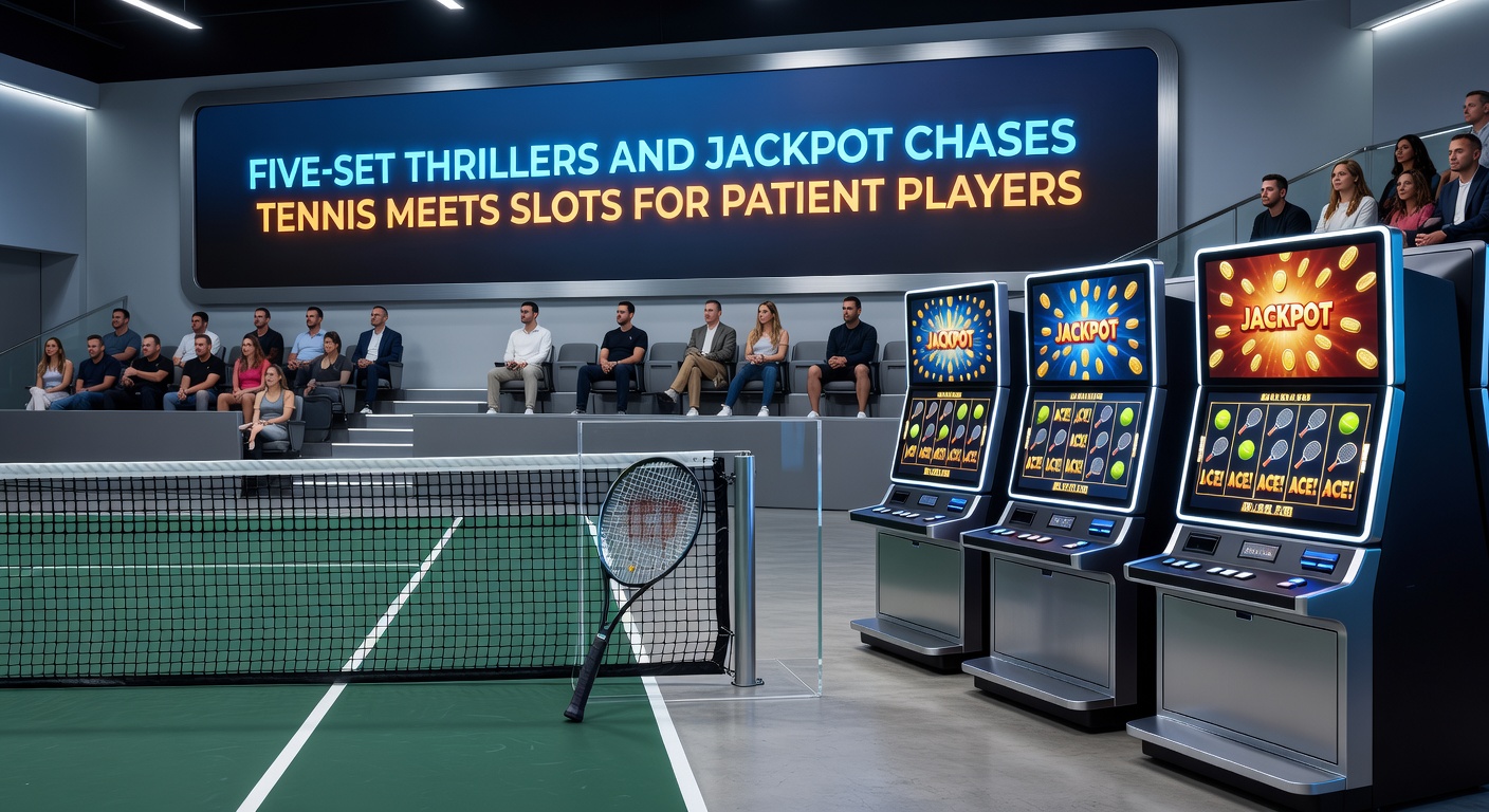 Ein Spieler vor einem Slot mit explodierendem Jackpot neben einem Tennisspieler, der einen entscheidenden Punkt im fünften Satz schlägt